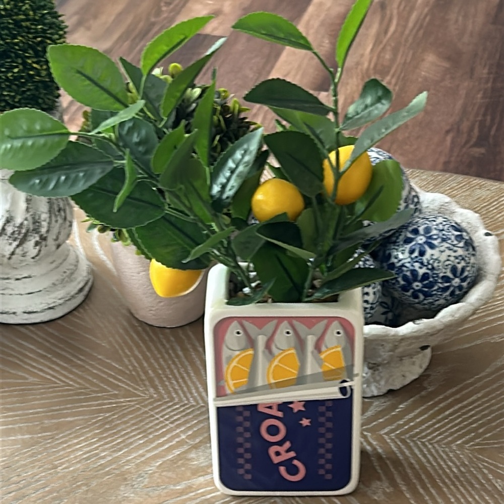 NEW! Vintage Inspired Mediterranean Ceramic Sardine Vase & Lemon Tree Centeriece